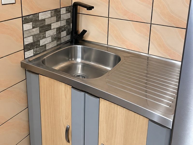 A compact scullery or utility area featuring a stainless steel sink, modern black mixer tap, and contemporary wood-look cabinetry with tiled walls.