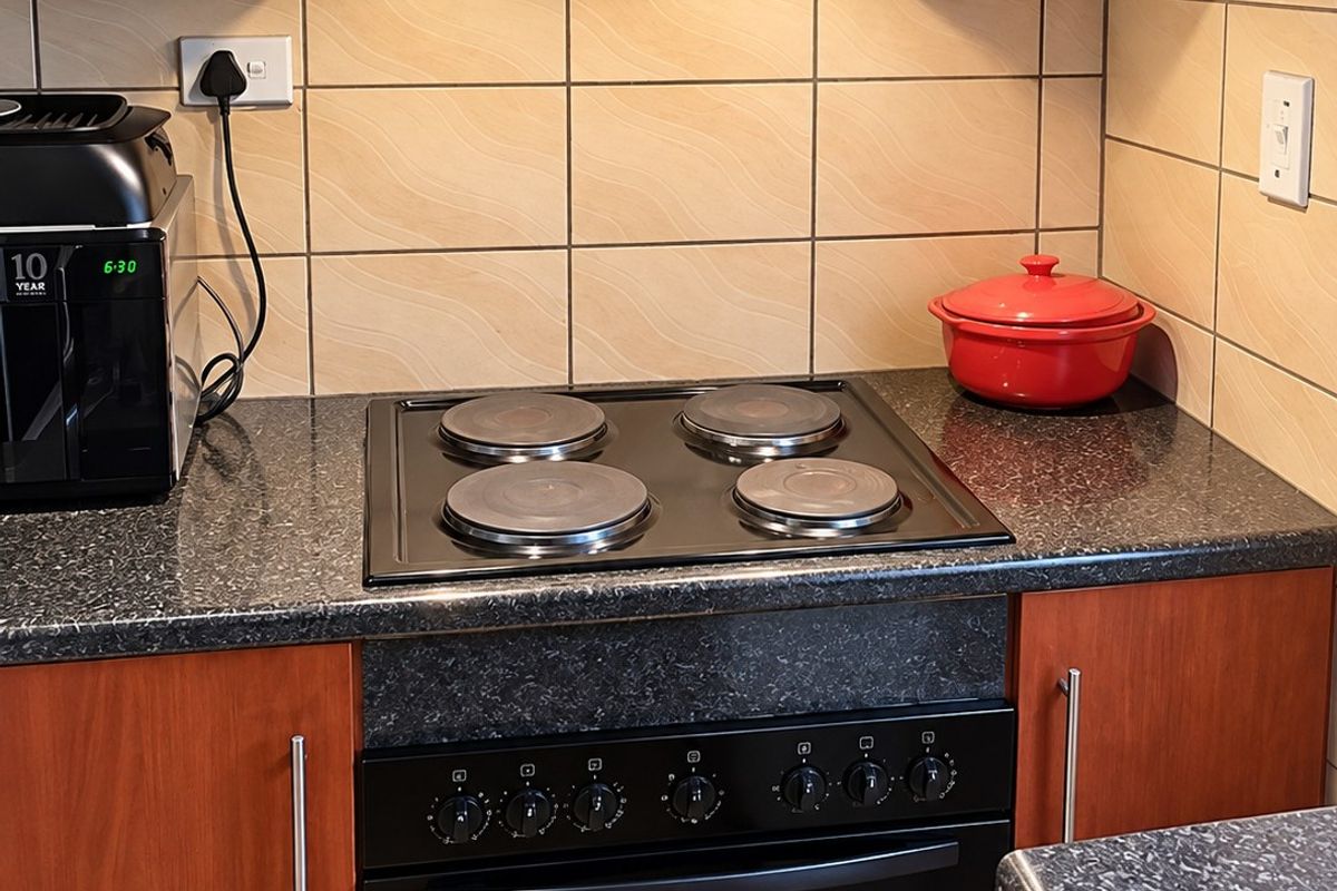 A functional kitchen area featuring built-in cabinetry, a granite countertop, and a fitted electric oven and hob with an overhead extractor fan.
