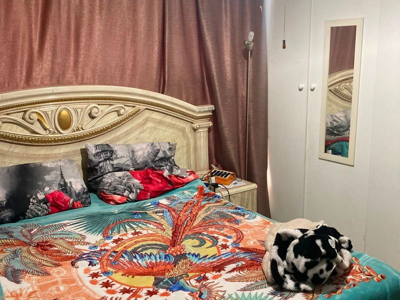 A bedroom featuring built-in cupboards and a ceiling fan, providing functional storage and climate control.