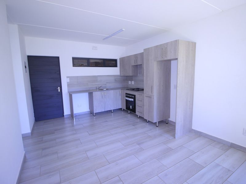 A modern, empty kitchen featuring light wood-look cabinetry, built-in oven and hob, stainless steel sink, and light-toned tiled flooring.