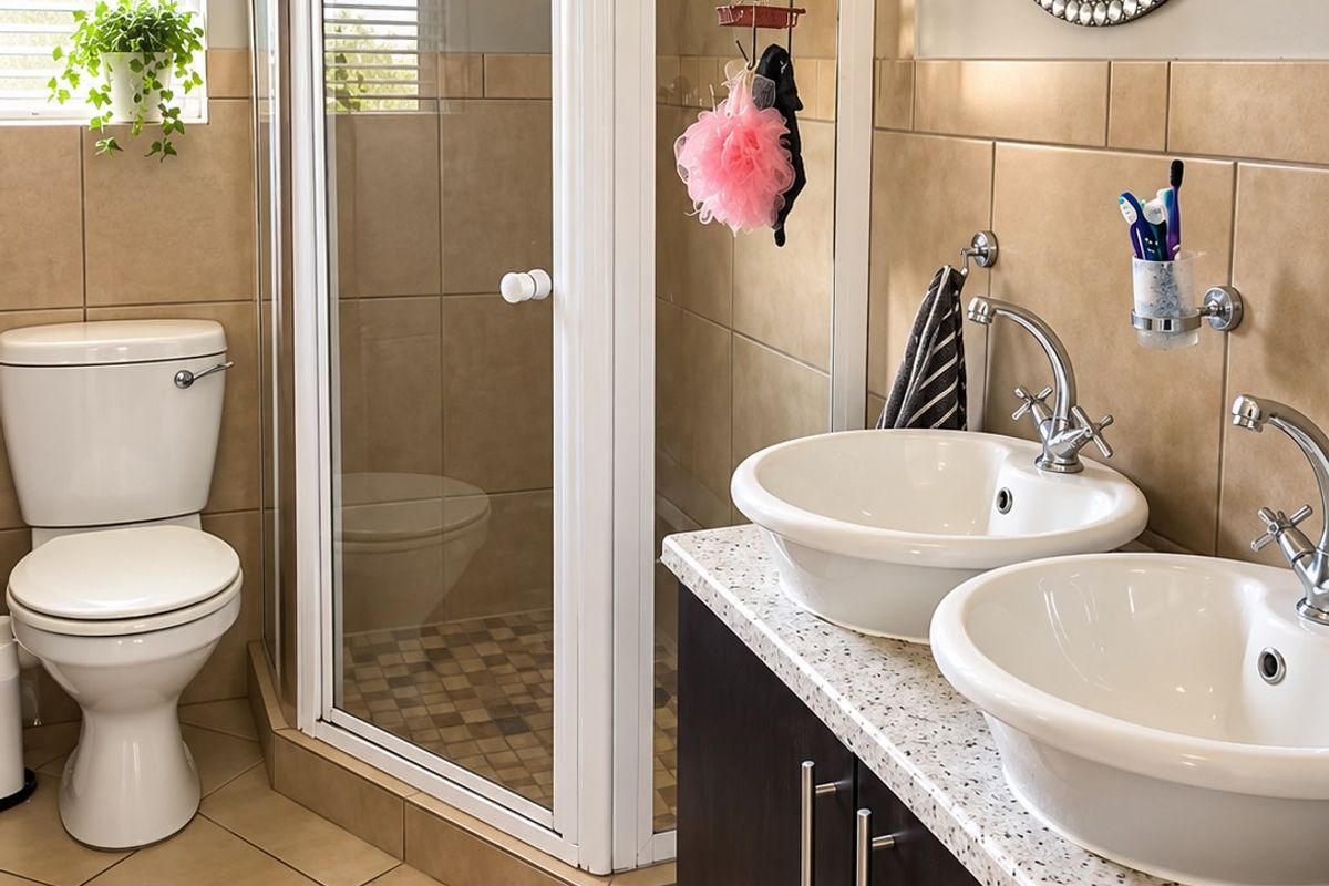 A functional bathroom featuring a double vanity with vessel sinks, a corner shower enclosure, and neutral tiled finishes throughout.