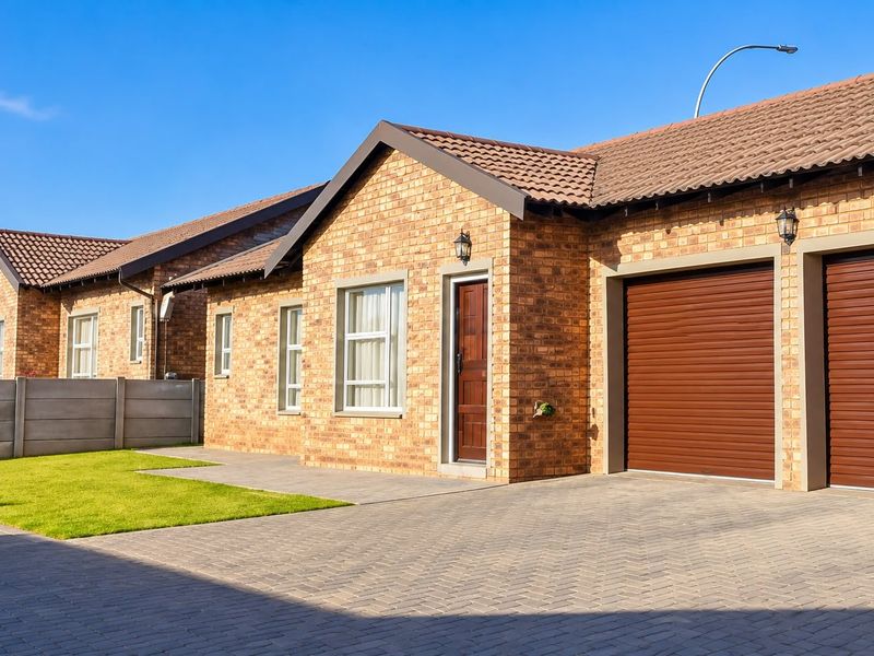 A well-maintained townhouse exterior featuring a face brick facade, tiled roof, paved driveway, and double garage with roller doors.
