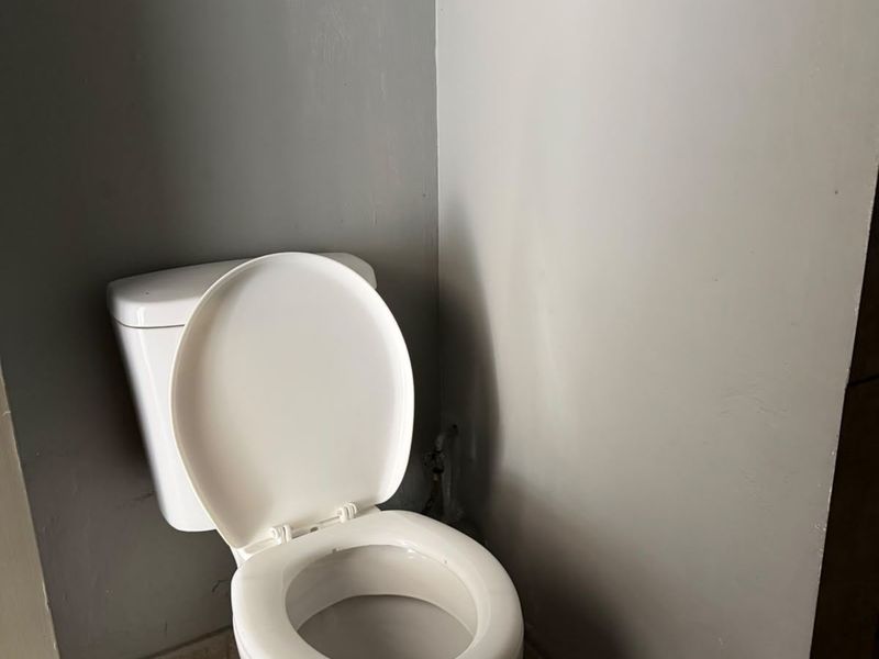 A basic bathroom featuring a standard white toilet against grey painted walls with tiled flooring.