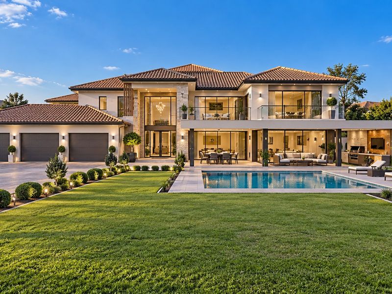 Stunning luxury residence featuring a spacious rear garden, swimming pool, covered patio, triple garage, and modern architectural finishes with extensive glass detailing.