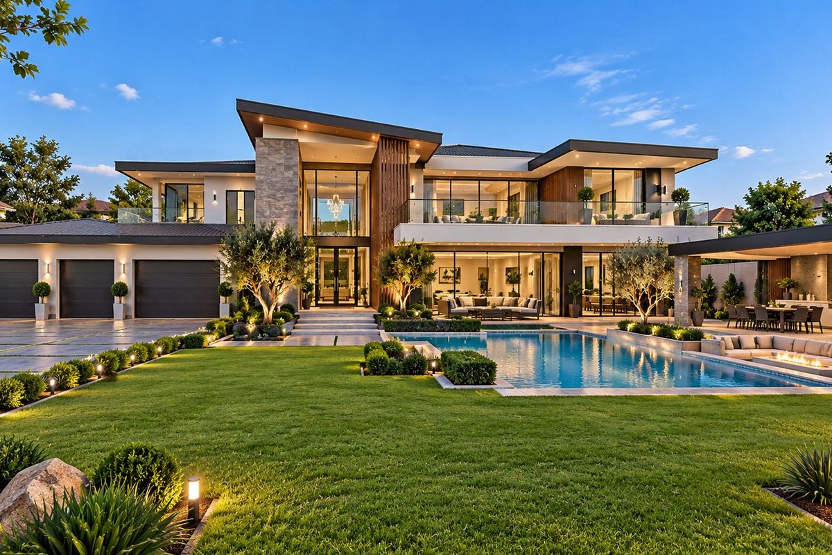 Stunning modern luxury residence featuring a sprawling landscaped garden, sparkling swimming pool, sunken fire pit, and expansive covered patio areas.