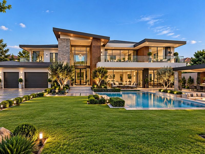 Stunning modern luxury residence featuring a sprawling landscaped garden, sparkling swimming pool, sunken fire pit, and expansive covered patio areas.