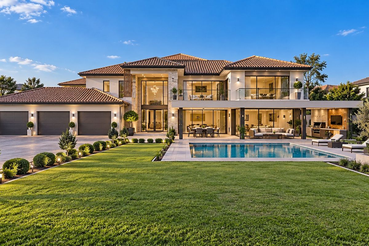 Stunning luxury residence featuring a spacious landscaped garden, swimming pool, covered patio, balcony, and a triple garage with modern architectural finishes.