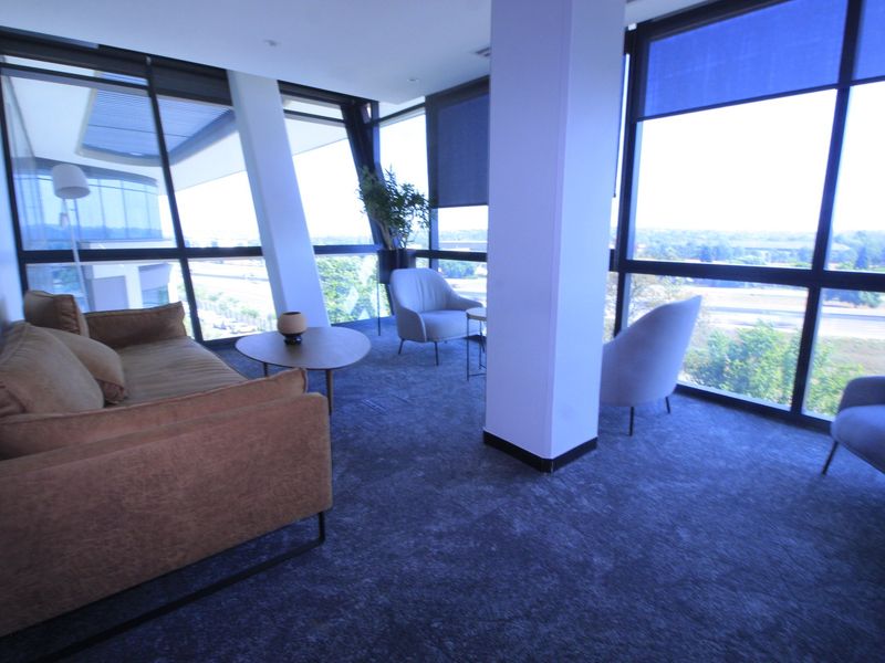Modern commercial lounge area featuring expansive floor-to-ceiling windows with panoramic views, structural columns, and high-quality carpeted flooring.