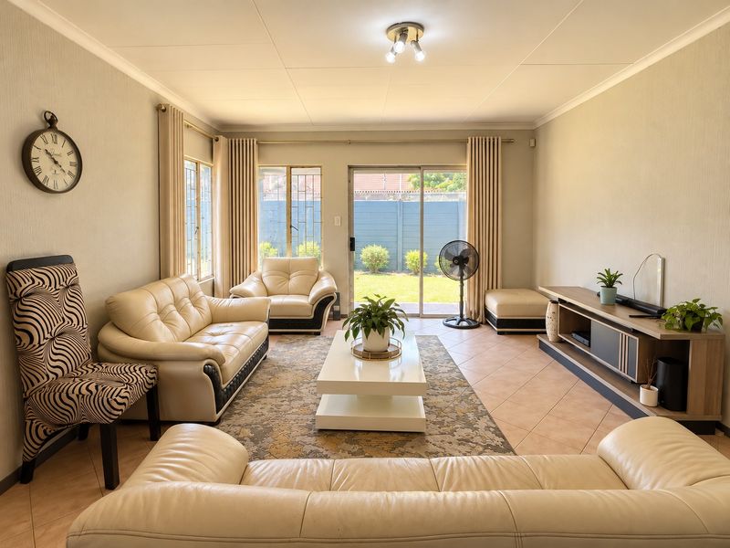 A bright and well-maintained living room featuring tiled flooring and a sliding glass door that provides direct access to the rear garden.