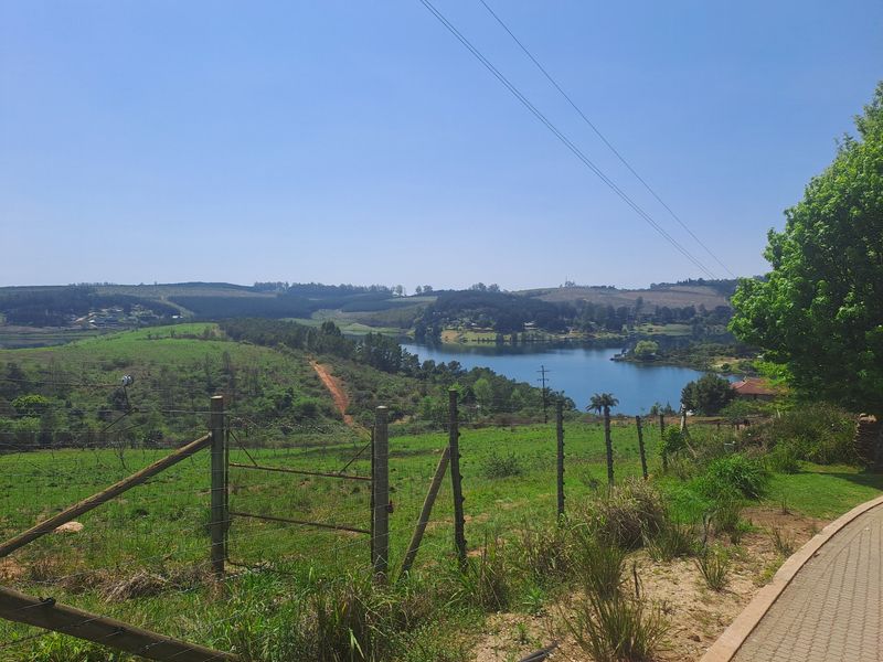 A scenic outdoor view overlooking a lake and rolling green hills, featuring a wire fence boundary and a paved walkway.