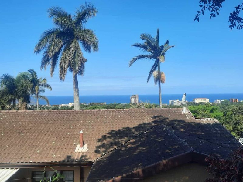 Elevated view overlooking the surrounding neighborhood with a distant ocean horizon and clear blue sky.