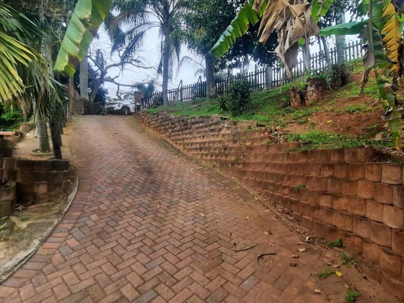 A sloped paved driveway leading to the property, featuring a tiered retaining wall and perimeter fencing along the embankment.