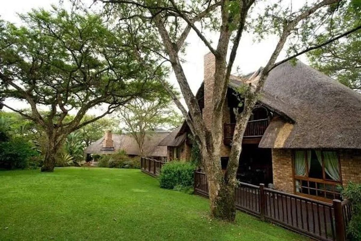 A rear view of a charming thatched-roof house featuring a timber deck, balcony, and expansive garden with mature trees.
