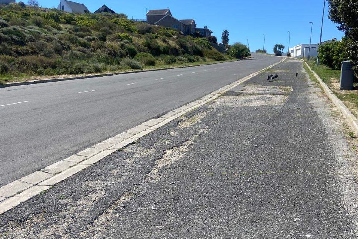 A street view showing the asphalt road and weathered verge adjacent to the residential land plot.