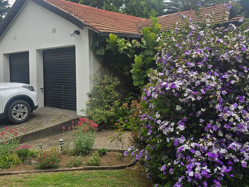 Front view of the property featuring a double garage with roller doors, a paved driveway, and established garden landscaping.