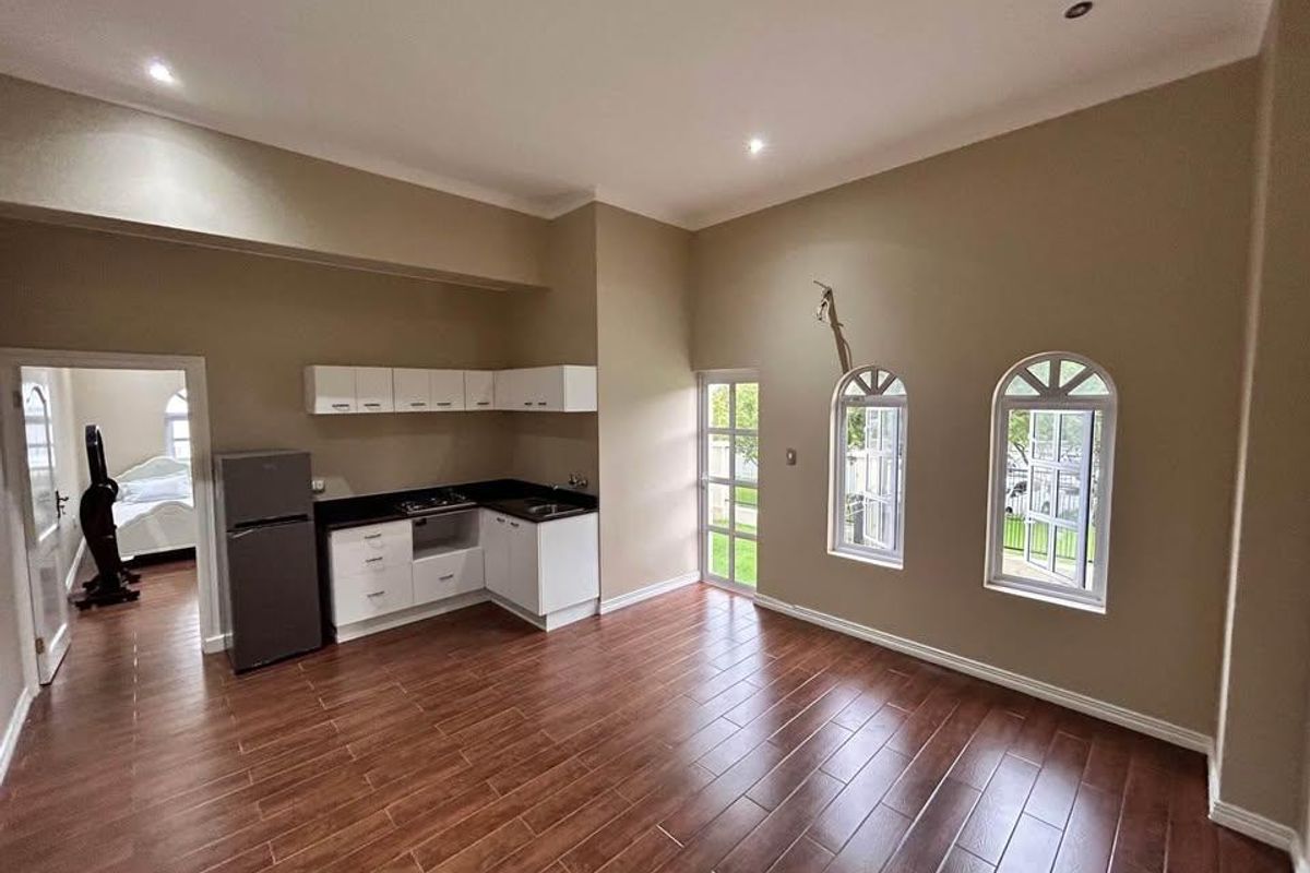 Spacious open-plan living area featuring a compact kitchenette with built-in cabinetry, hob, and sink, complemented by arched windows and modern wood-look flooring.