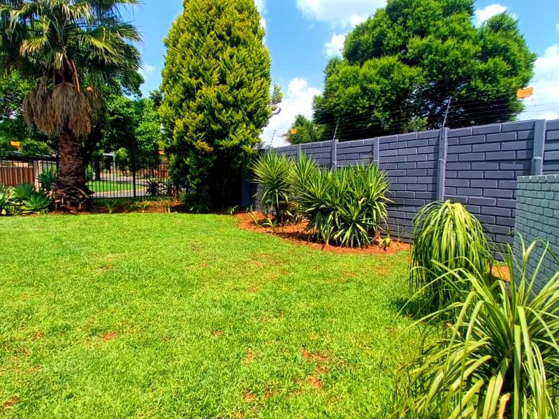 A well-maintained garden area featuring a neat lawn, established shrubs, and a secure brick boundary wall with electric fencing.