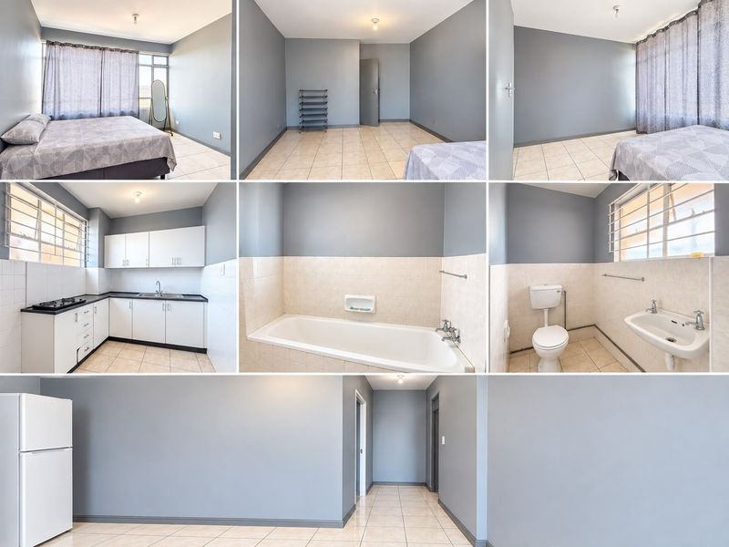 A collage of various interior spaces within the apartment, including a bedroom, kitchen, and bathroom with tiled flooring and neutral wall finishes.