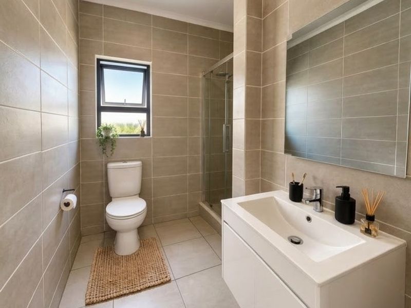 Modern bathroom featuring a wall-mounted vanity with integrated basin, a glass-enclosed shower, and neutral floor-to-ceiling tiling.