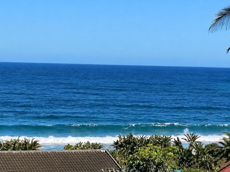A scenic elevated view overlooking the ocean with visible coastal vegetation and residential roof structures in the foreground.