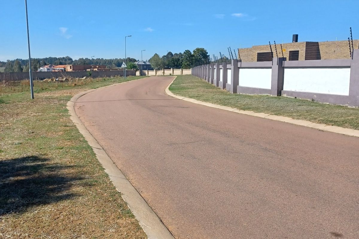 A view of a paved residential street featuring concrete curbing, street lighting, and a perimeter wall with electric fencing.