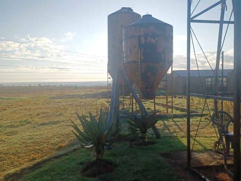 Outdoor farm area featuring two large metal grain silos and a windmill structure set against a rural landscape.