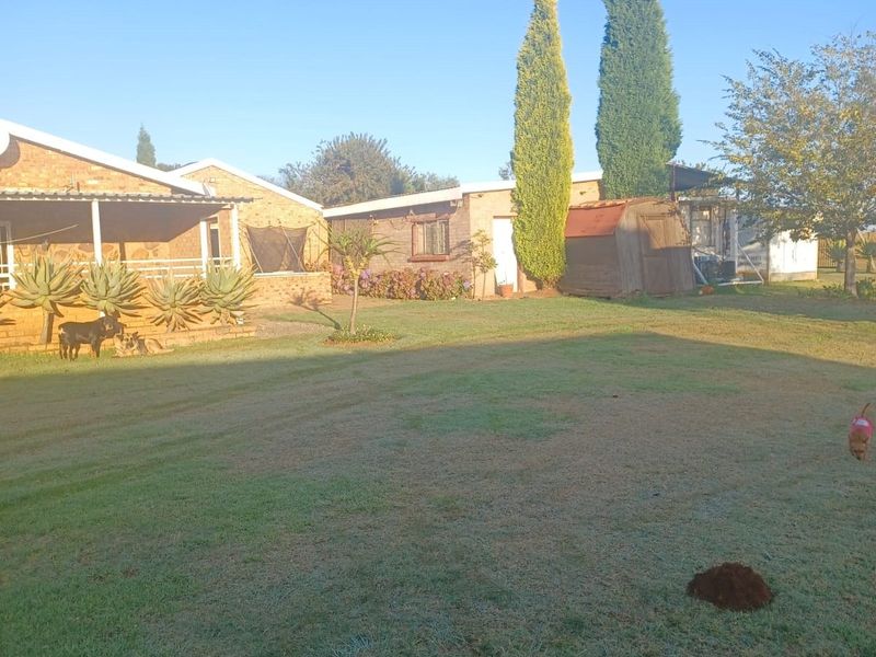 A view of the rear garden featuring a brick dwelling with a covered patio area and a small storage shed set within a lawn.