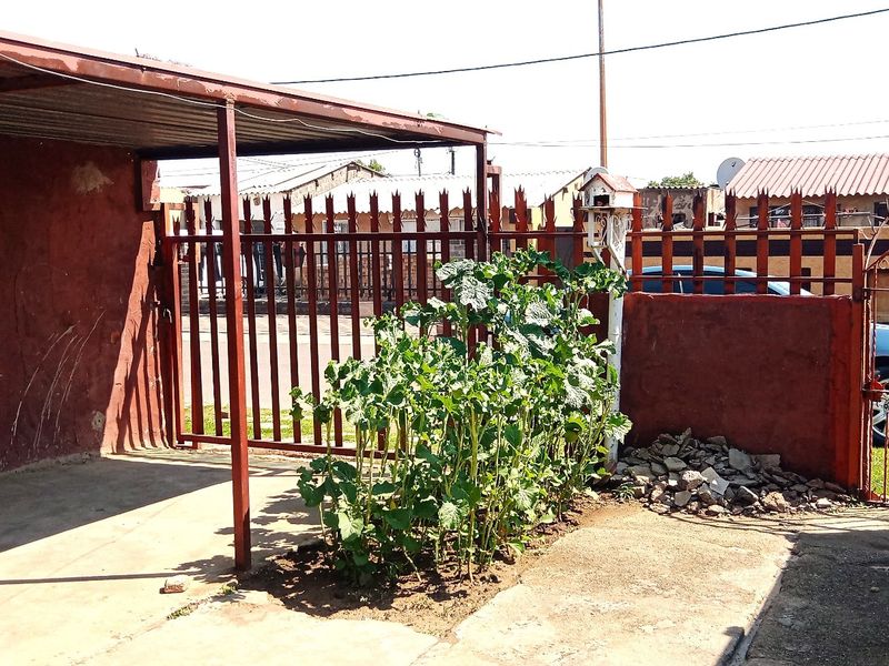 Front exterior area featuring a metal carport, security gate, and perimeter wall with concrete driveway access.