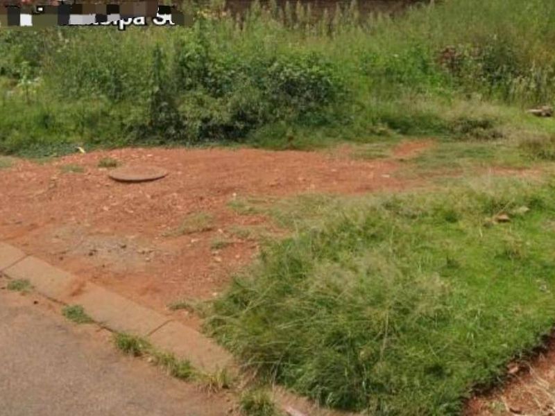 A view of a vacant residential plot featuring a manhole cover, concrete kerbing, and overgrown natural vegetation.