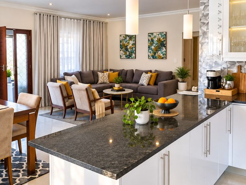 A bright open-plan living and kitchen area featuring a modern granite island, high-gloss cabinetry, and elegant pendant lighting, creating a seamless flow for entertaining.