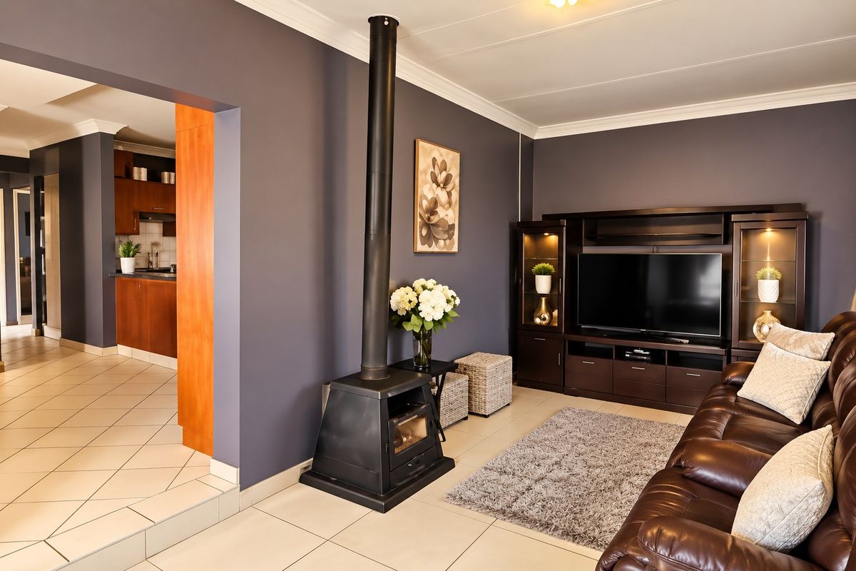 A well-maintained living room featuring a freestanding fireplace, tiled flooring, and built-in cabinetry, with an open-plan flow into the adjacent kitchen area.