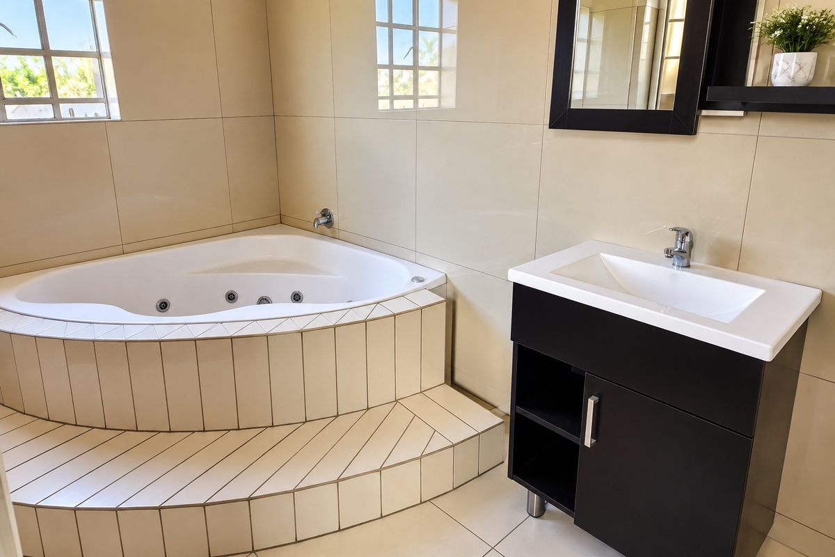 A clean, modern bathroom featuring a corner spa bath, a contemporary vanity unit with basin, and neutral wall tiling.