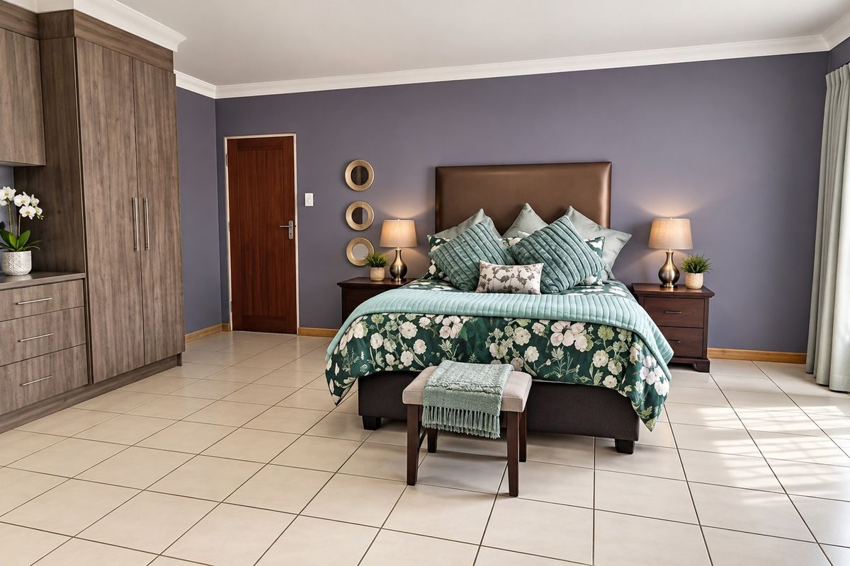 Spacious bedroom featuring neutral tiled flooring, built-in wooden cupboards, and a clean, well-maintained finish throughout.
