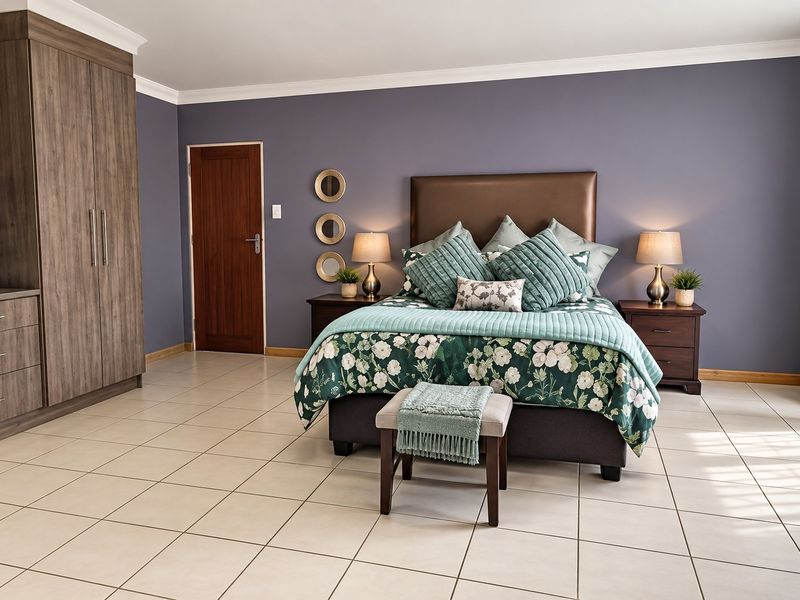 Spacious bedroom featuring neutral tiled flooring, built-in wooden cupboards, and a clean, well-maintained finish throughout.