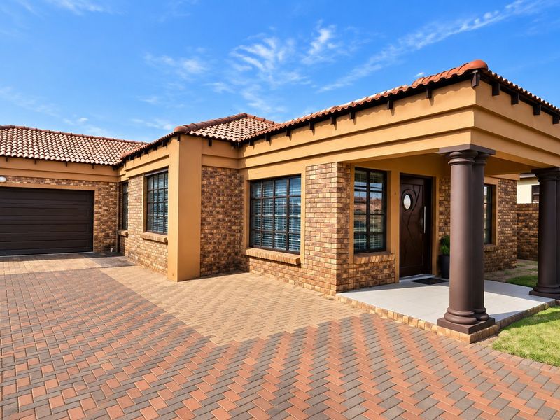 A well-maintained single-story house featuring a brick facade, tiled roof, paved driveway, and a covered entrance with decorative columns.