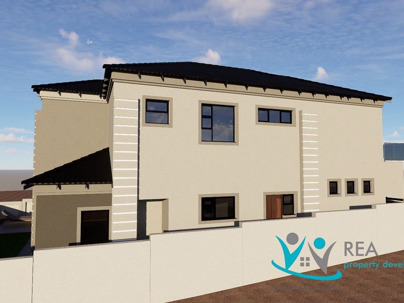 A 3D architectural rendering of the rear elevation of a modern double-storey house featuring a tiled roof and plastered exterior walls.