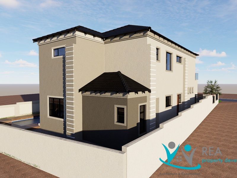 A 3D architectural render showing the rear elevation of a double-story house with a swimming pool and perimeter wall.