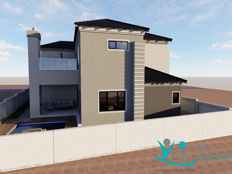 A 3D architectural rendering of the rear elevation featuring a swimming pool, covered patio, balcony, and modern exterior finishes.