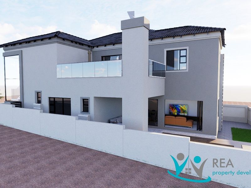 A modern double-storey residential property featuring a rear balcony with glass balustrades, a prominent chimney, and a secure boundary wall.