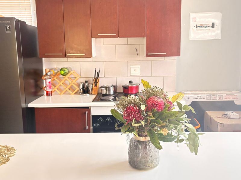 A functional kitchen featuring dark wood cabinetry, a tiled backsplash, and a built-in electric hob and oven setup.