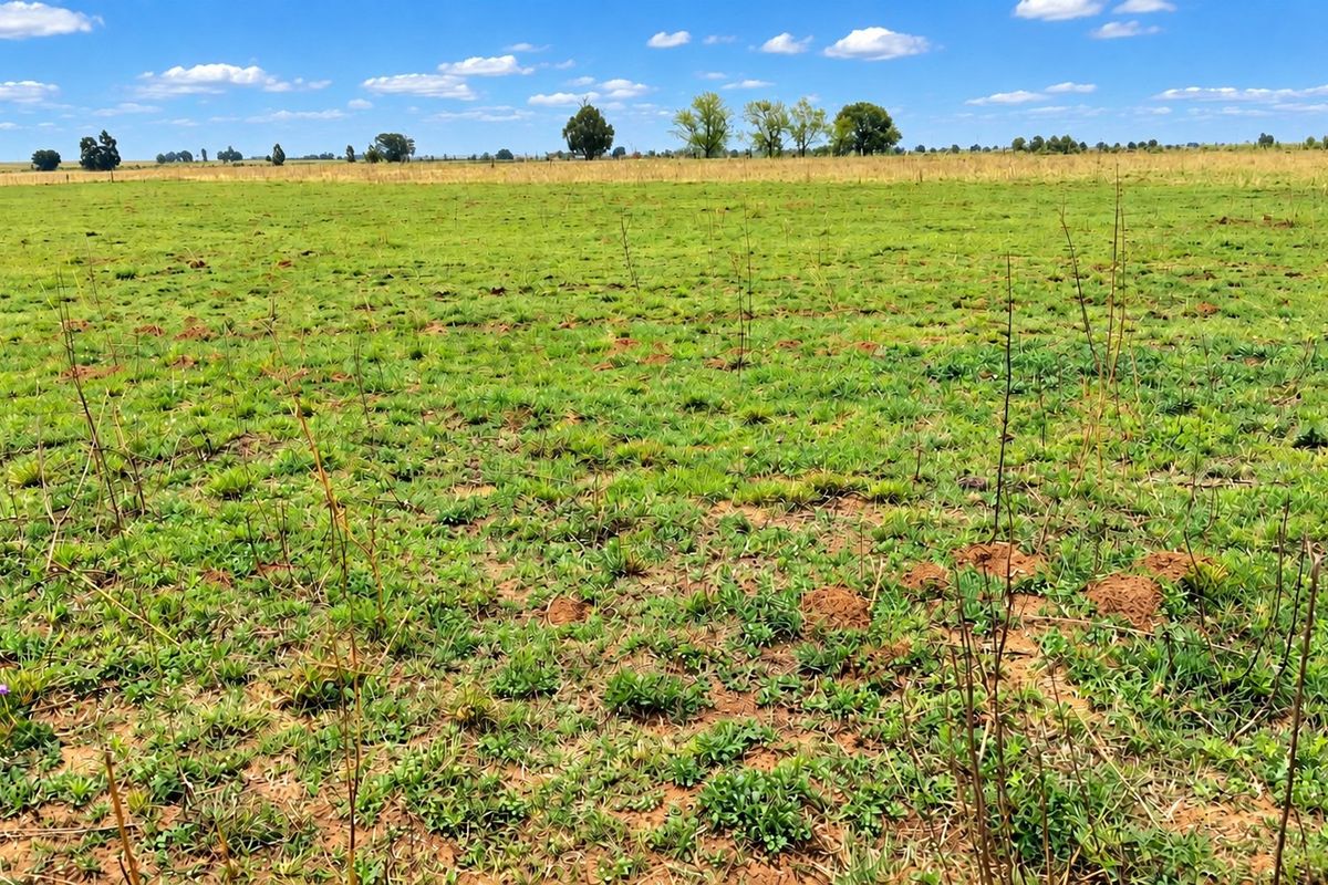 Expansive open farmland with natural grass cover and distant tree lines under a clear blue sky.
