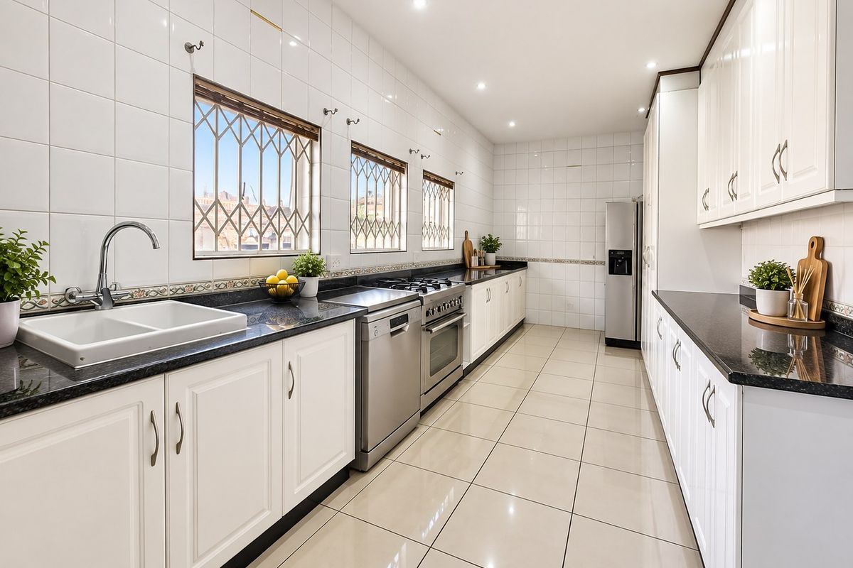 A well-maintained kitchen featuring white cabinetry, dark granite countertops, a gas stove, and tiled flooring with ample natural light.