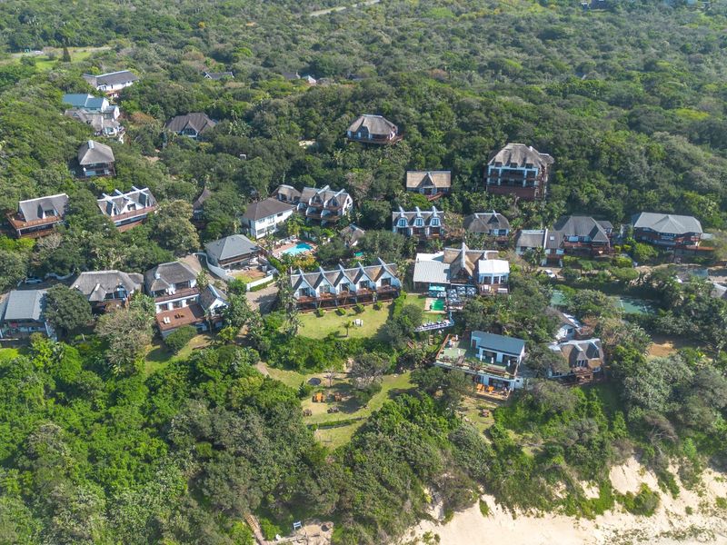 An aerial view of a coastal residential estate featuring multiple homes with thatched roofs nestled within a lush, forested landscape near the beach.