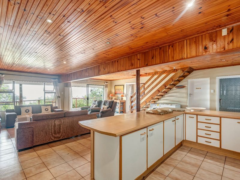 Spacious open-plan living area featuring a kitchen with island, tiled floors, and a distinctive timber-clad ceiling, leading to a bright lounge with outdoor access.