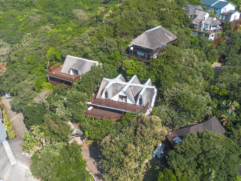 Aerial view of a residential property featuring multiple thatched-roof houses nestled within a lush, wooded environment with wooden decking and driveway access.
