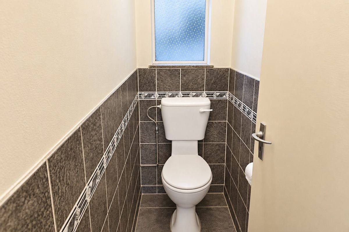 A compact, functional bathroom featuring tiled walls and flooring with a privacy window.