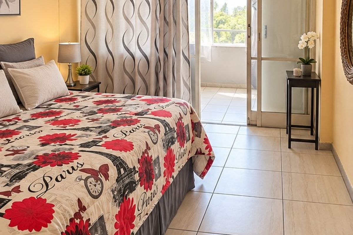 A bedroom featuring tiled flooring and a sliding glass door providing direct access to an outdoor balcony area.