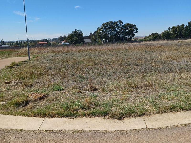 A vacant residential plot featuring a level grassed area, concrete curbing, and an adjacent asphalt road with a street light.