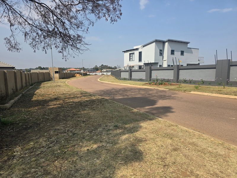 A view of the paved residential street and surrounding perimeter walls with electric fencing in a modern estate setting.