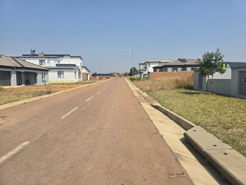 A view of a paved residential street in a modern estate, featuring established boundary walls and street infrastructure.